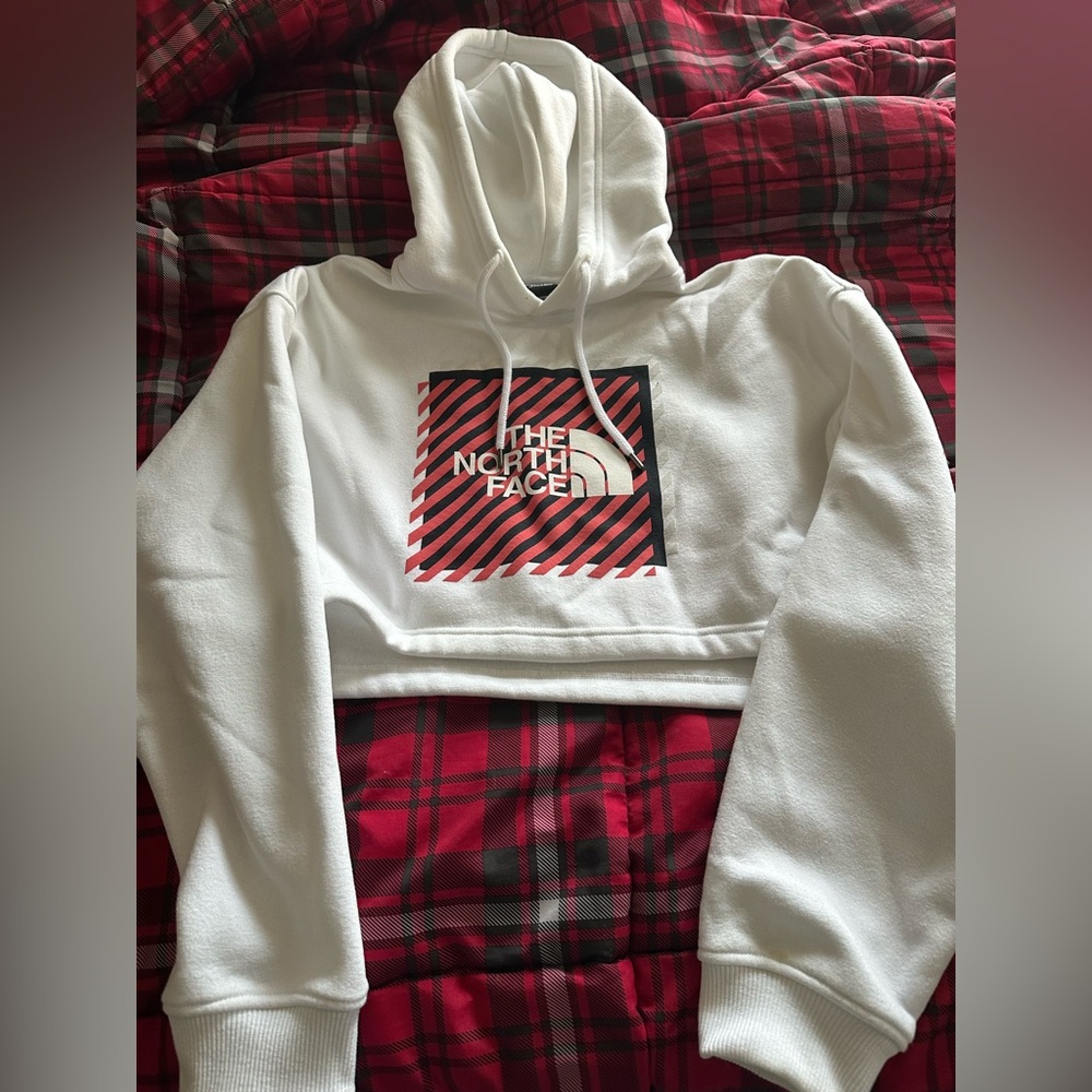The North Face White and Red Cropped Hoodie